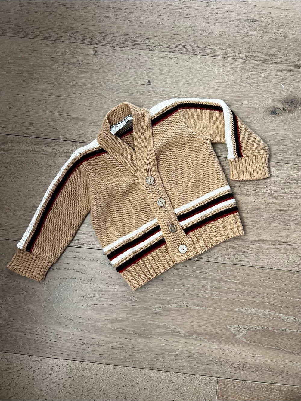 Vintage Kid Baby Tan Knit Cardigan Stripe Retro Resortwear Preppy Button Sweater